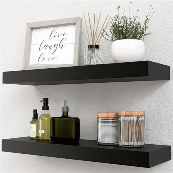 Black Floating Shelves Set of 2, Mounted Modern Hanging Shelves for Wall Decor - Picture 8 of 16